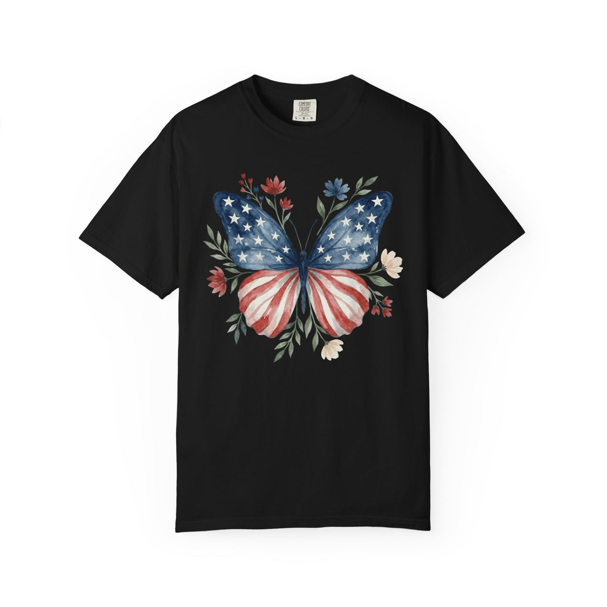 Patriotic Butterfly T‑Shirt — American Flag Floral Tee