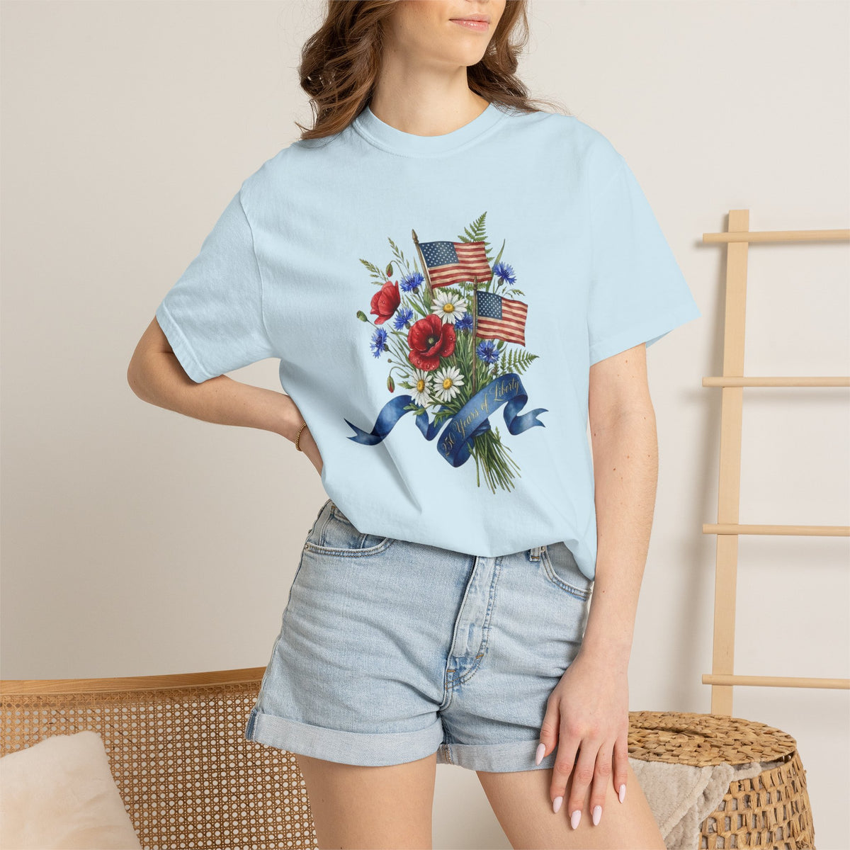 Patriotic Floral Bouquet T-Shirt — American Flag & Ribbon Graphic
