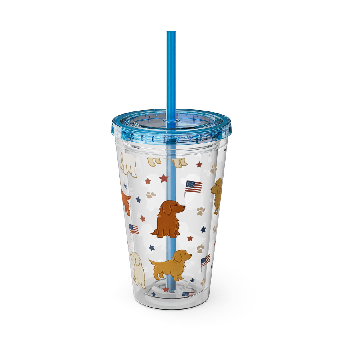 Patriotic Golden Retriever Tumbler with Straw — 16oz (American Flag & Paw Print)