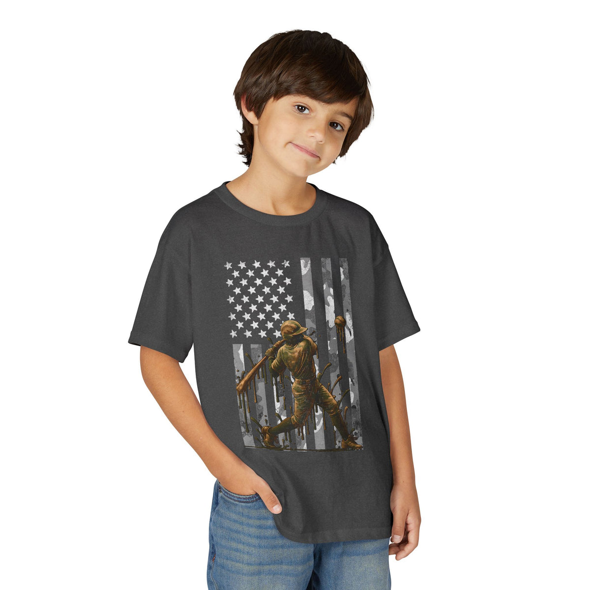 Camo Baseball Player American Flag  — Kids Graphic T-Shirt