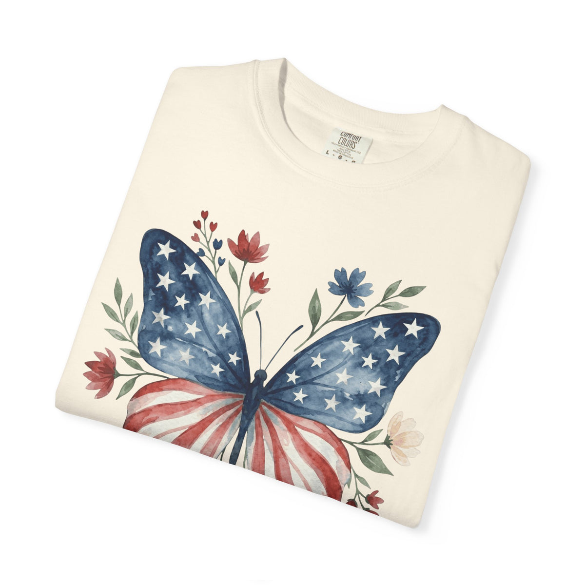 Patriotic Butterfly T‑Shirt — American Flag Floral Tee