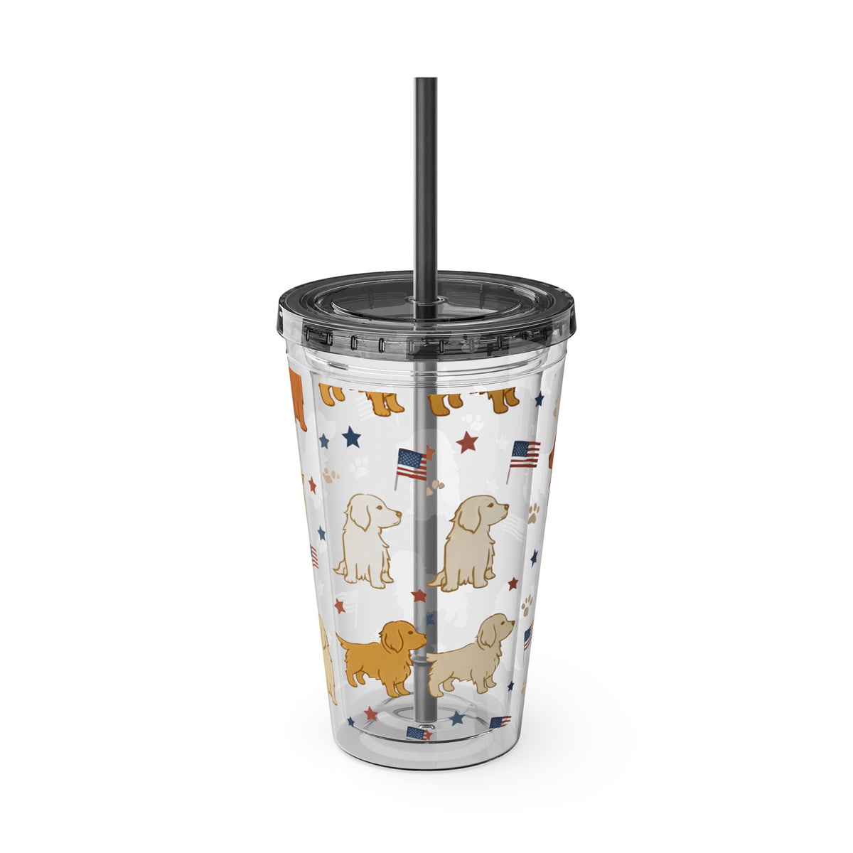 Patriotic Golden Retriever Tumbler with Straw — 16oz (American Flag & Paw Print)