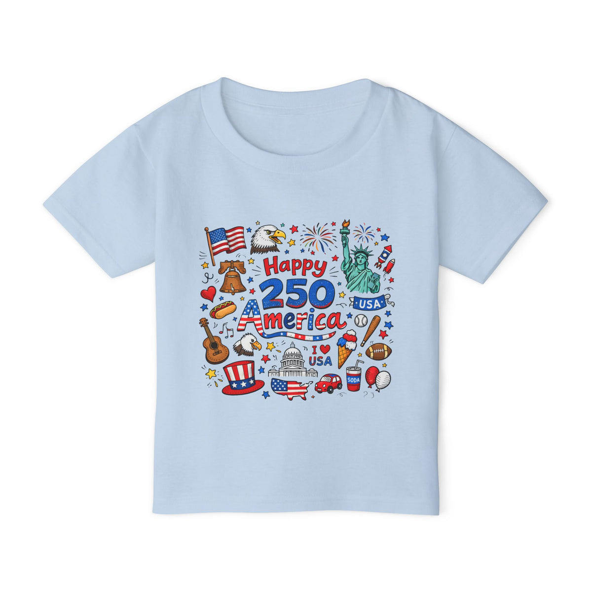 Happy 250 America Toddler Patriotic USA Icons 4th of July Tee