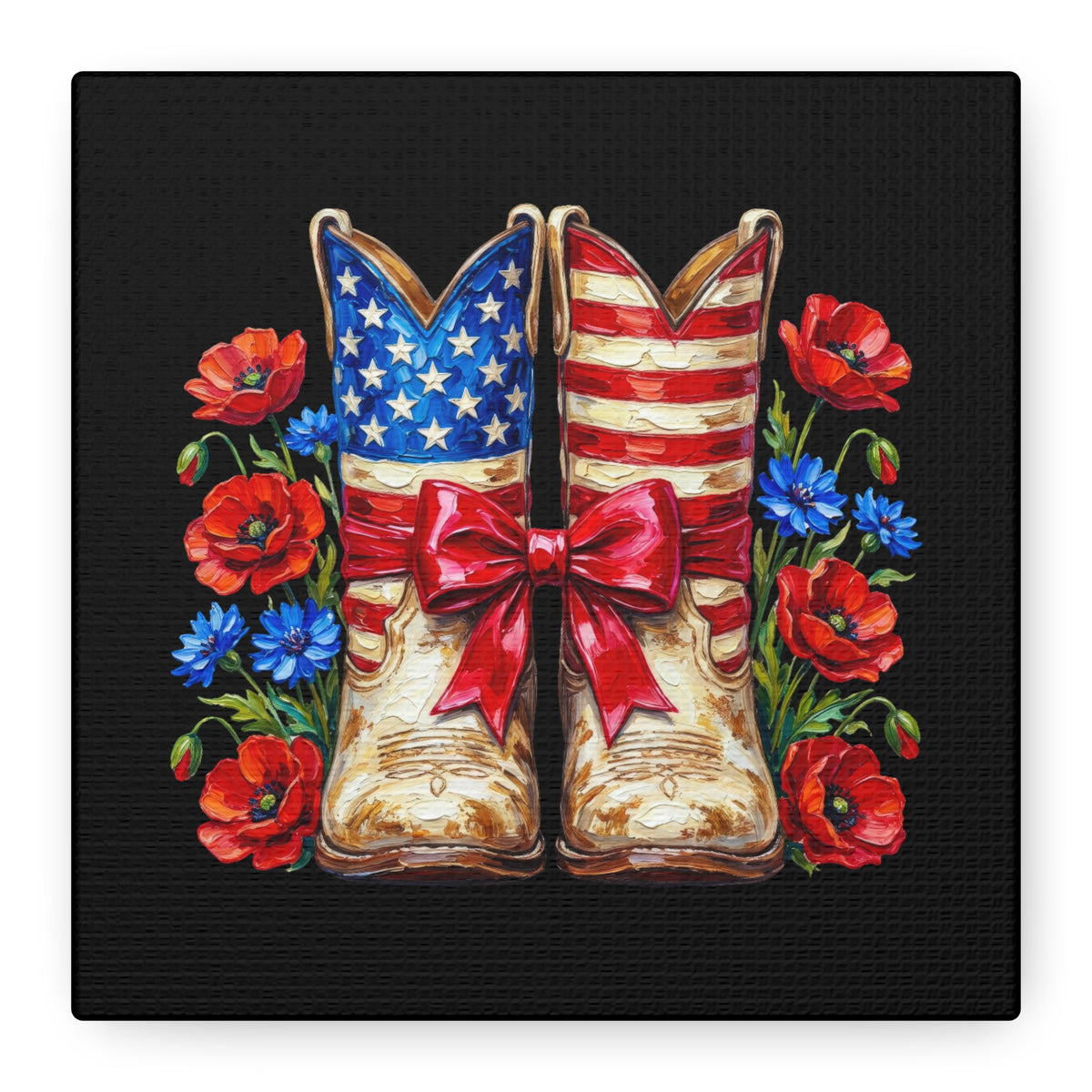 Patriotic Cowboy Boots Canvas Wall Art — American Flag Boots & Roses