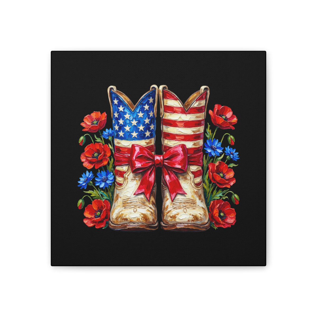 Patriotic Cowboy Boots Canvas Wall Art — American Flag Boots with Red Poppies