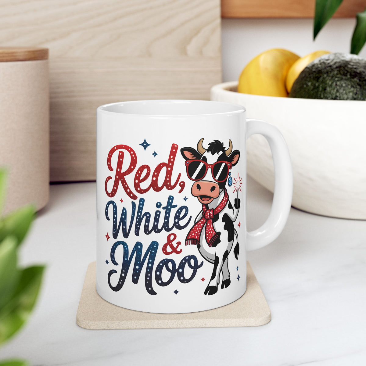 Ceramic Mug - "Red, White & Moo" Patriotic Cow Coffee Cup (11oz)