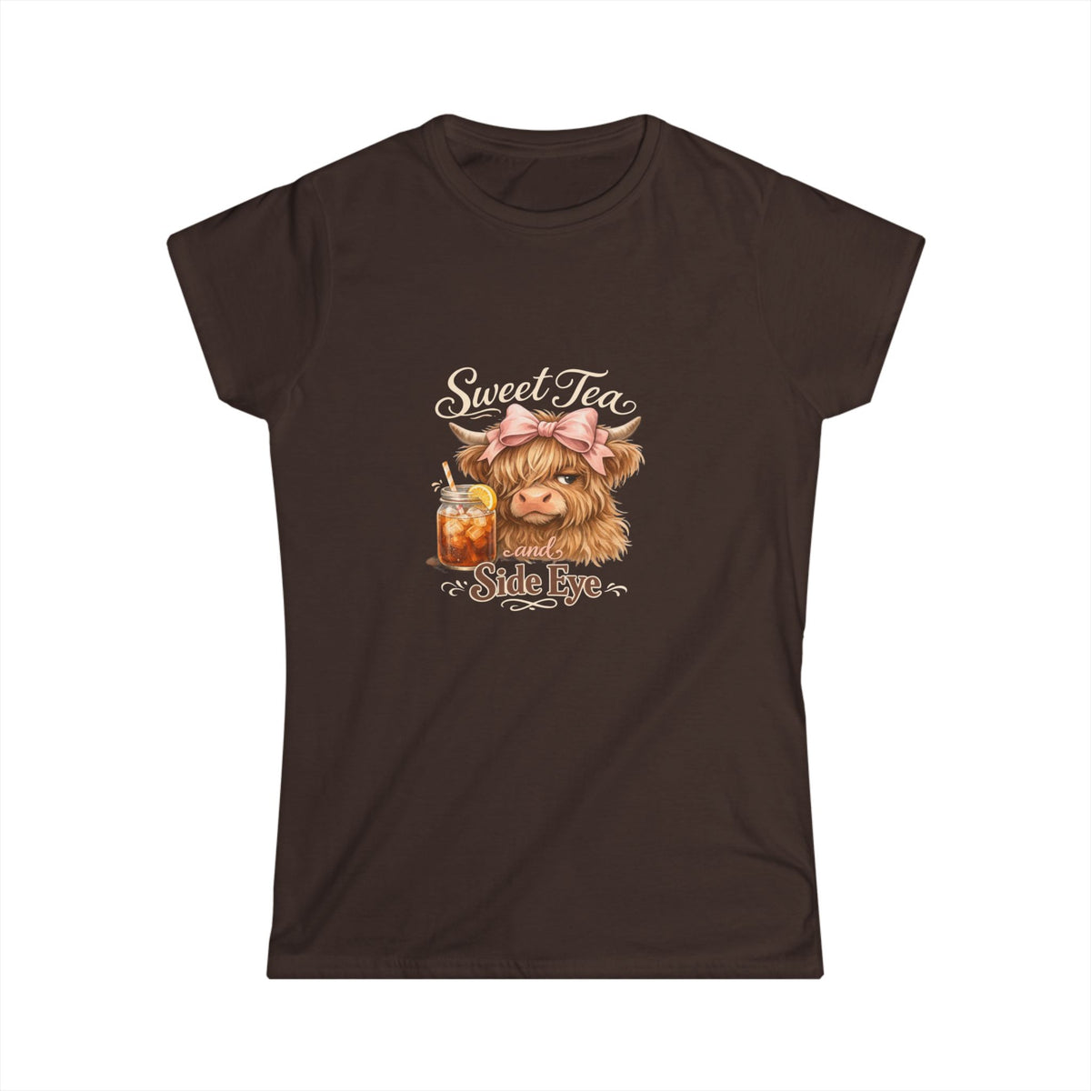 Side Eye Highland Cow Graphic Tee — Cute Scottish Cow with Mason Jar Iced Tea