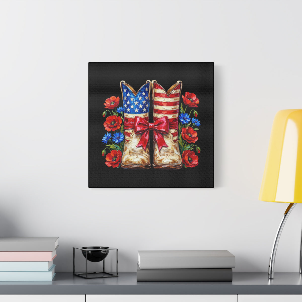 Patriotic Cowboy Boots Canvas Wall Art — American Flag Boots & Roses