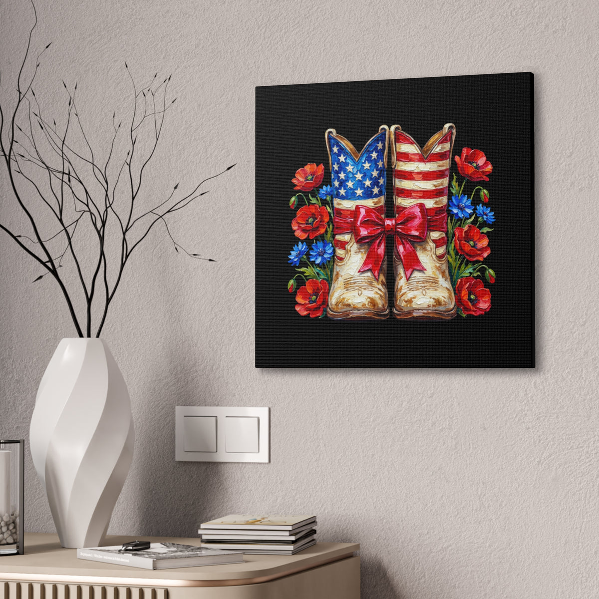 Patriotic Cowboy Boots Canvas Wall Art — American Flag Boots with Red Poppies
