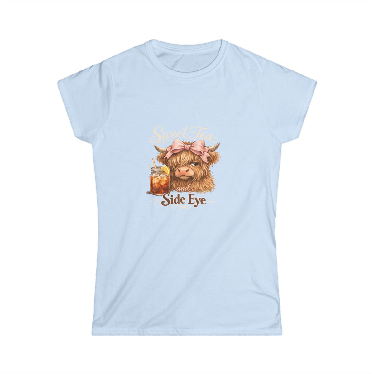 Side Eye Highland Cow Graphic Tee — Cute Scottish Cow with Mason Jar Iced Tea