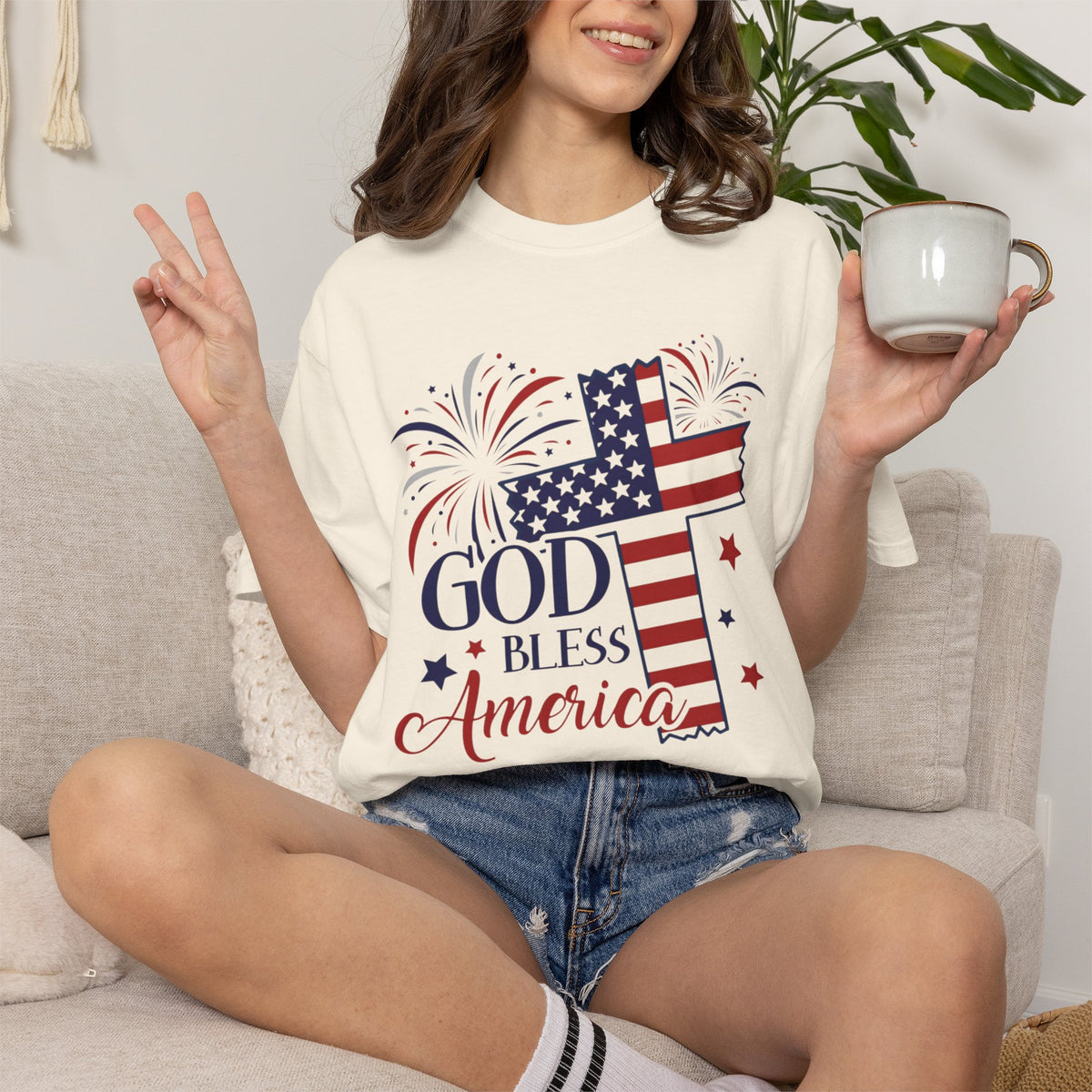God Bless America w/Patriotic Cross - Fourth of July Tee