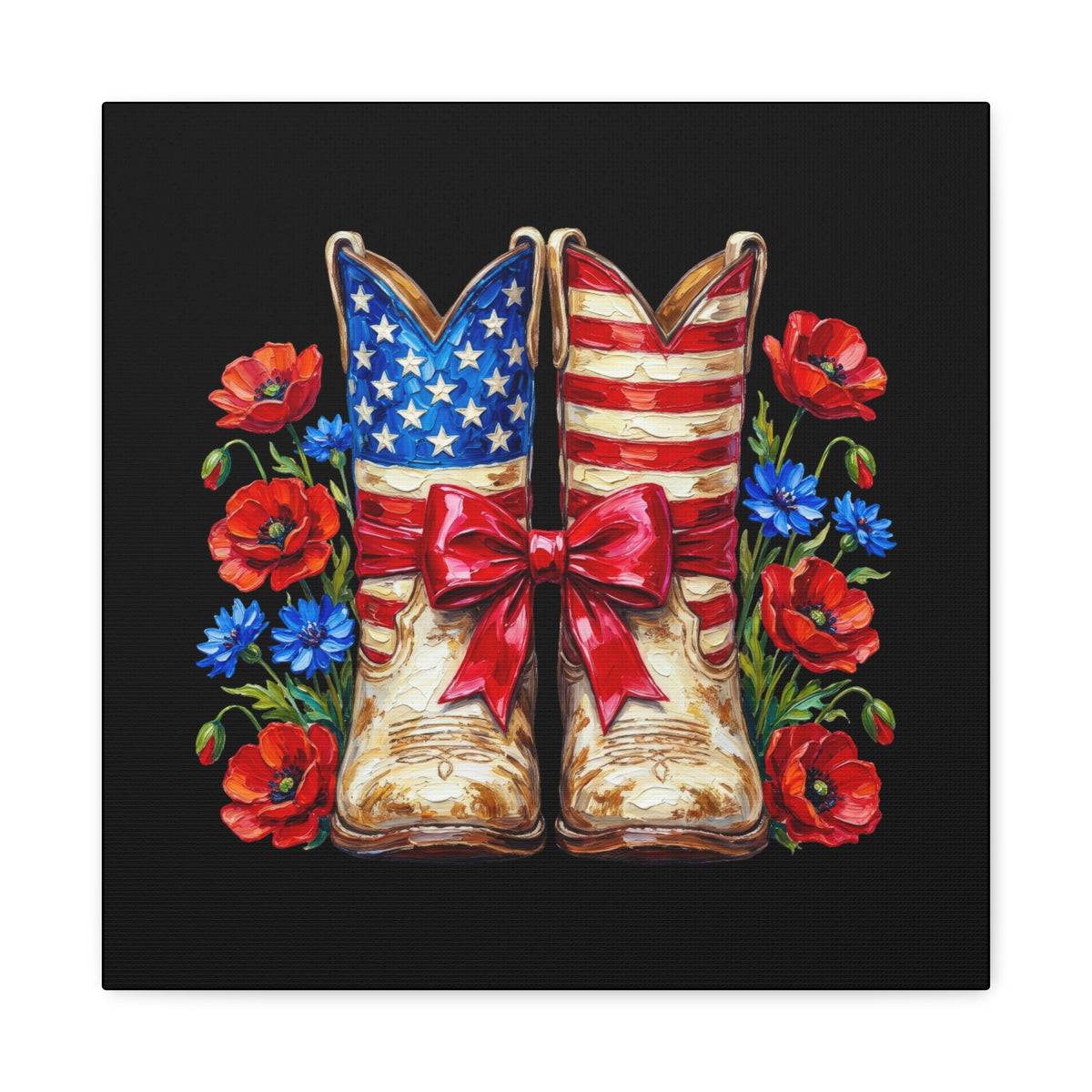 Patriotic Cowboy Boots Canvas Wall Art — American Flag Boots & Roses