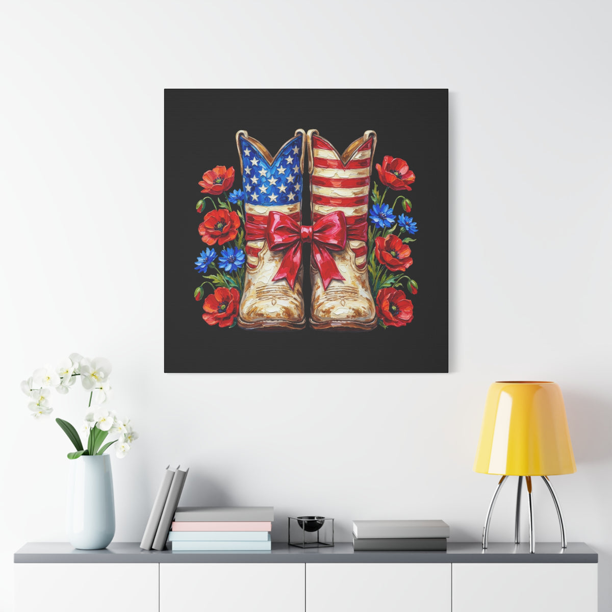 Patriotic Cowboy Boots Canvas Wall Art — American Flag Boots & Roses