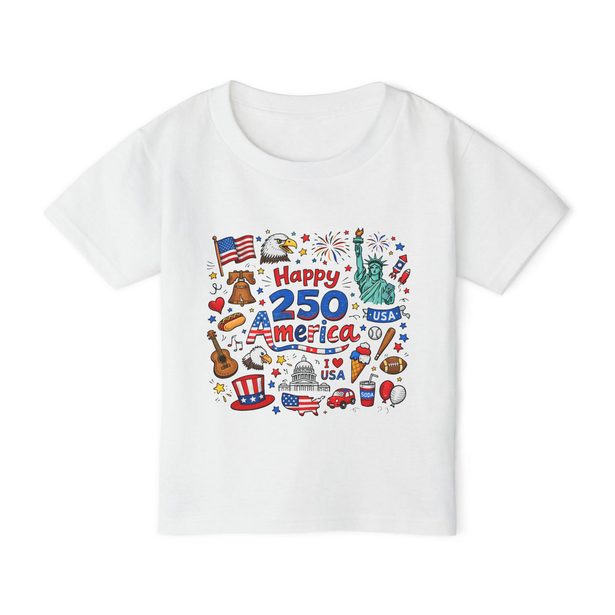 Happy 250 America Toddler Patriotic USA Icons 4th of July Tee
