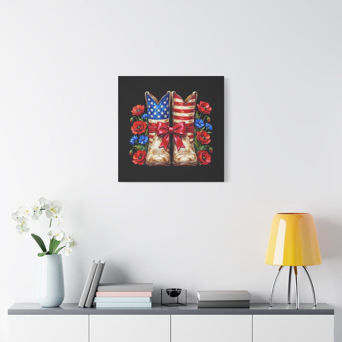 Patriotic Cowboy Boots Canvas Wall Art — American Flag Boots & Roses