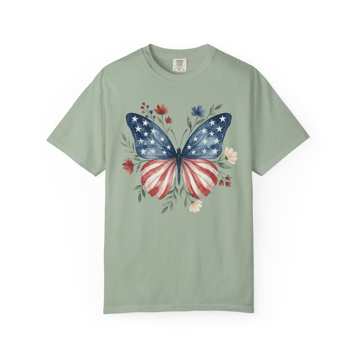 Patriotic Butterfly T‑Shirt — American Flag Floral Tee