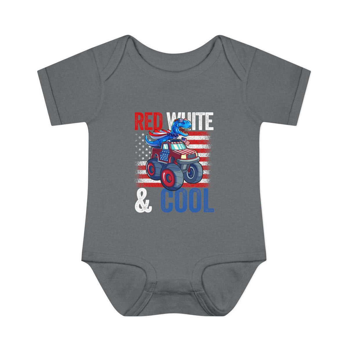 "Red White & Cool" Dinosaur on a Monster Truck Baby Onesie