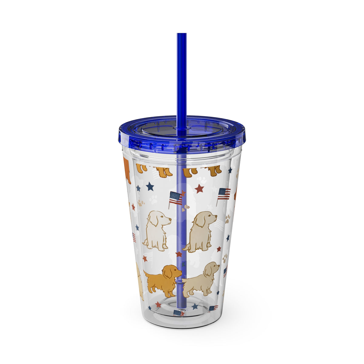 Patriotic Golden Retriever Tumbler with Straw — 16oz (American Flag & Paw Print)