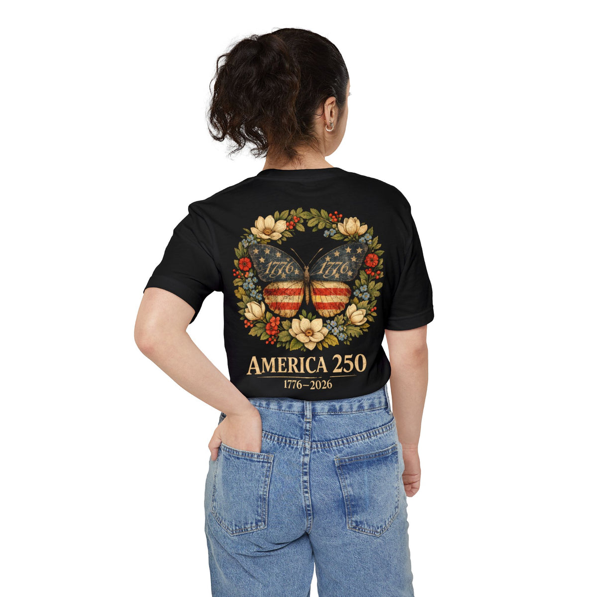 America 250 Butterfly Pocket T-Shirt — 1776–2026 Patriotic Floral Tee