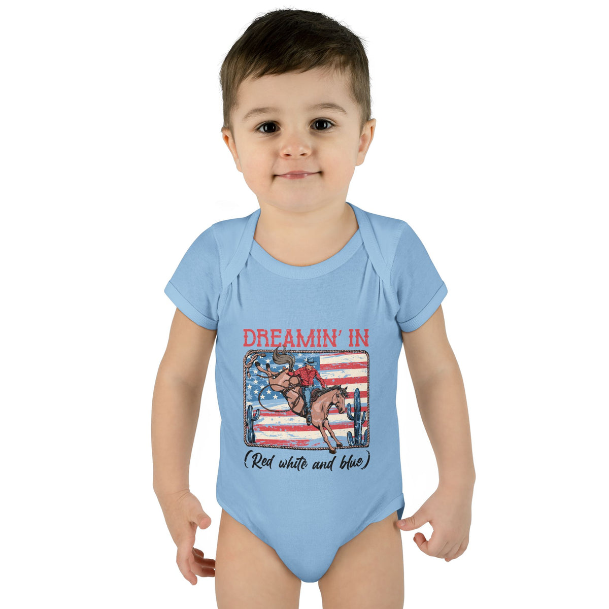 "Dreamin' In Red White and Blue" Patriotic Rodeo Baby Onesie