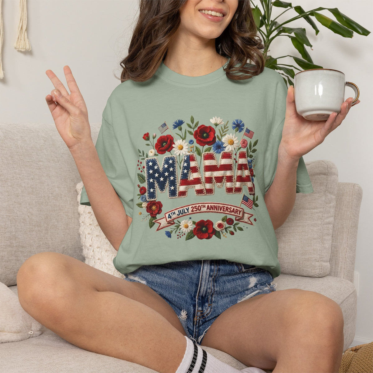 Mama Floral American Flag T-Shirt — Patriotic Mama Gift for Mother’s Day