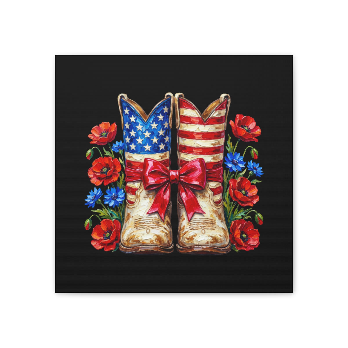 Patriotic Cowboy Boots Canvas Wall Art — American Flag Boots with Red Poppies