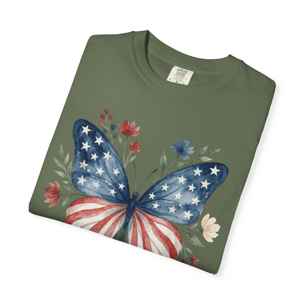 Patriotic Butterfly T‑Shirt — American Flag Floral Tee