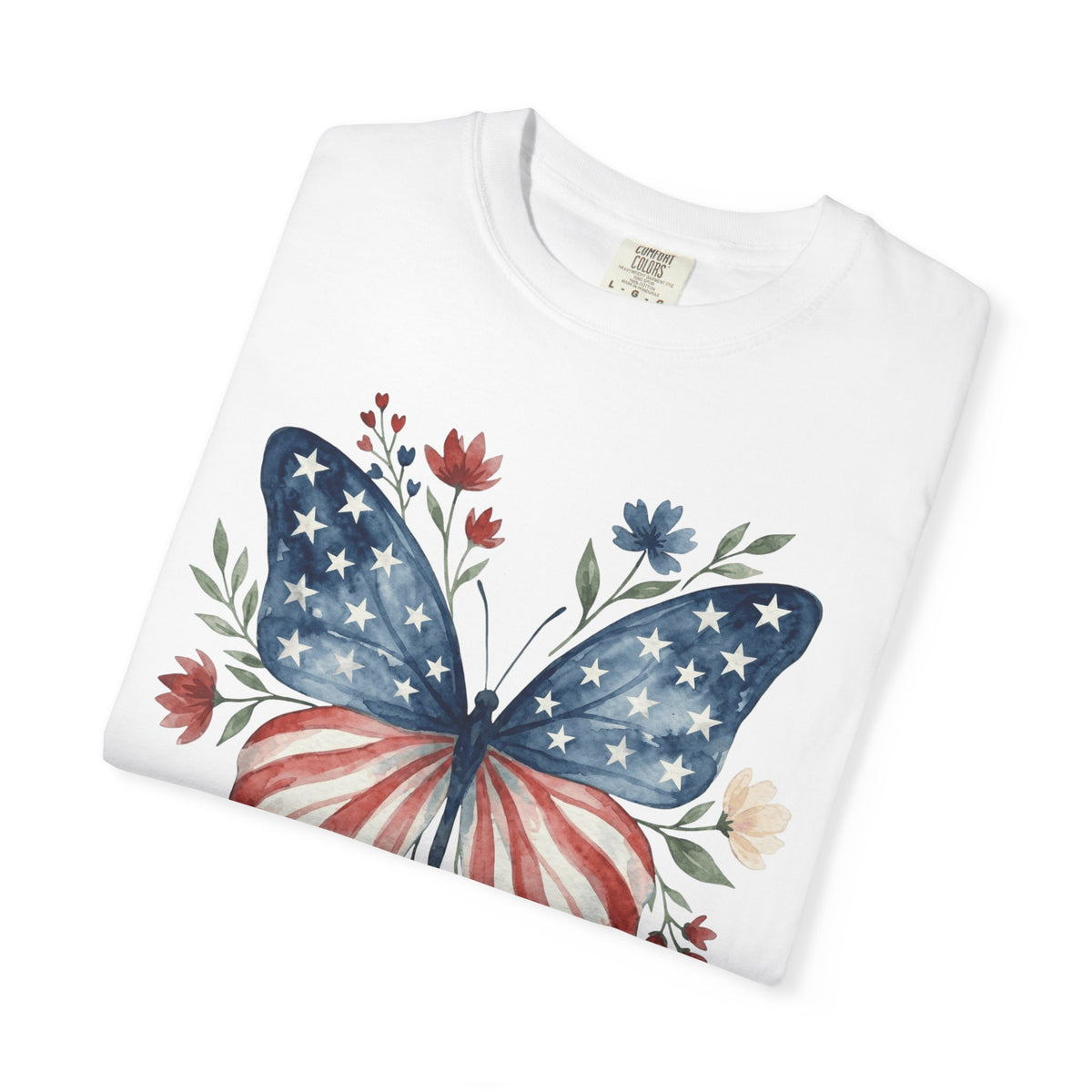 Patriotic Butterfly T‑Shirt — American Flag Floral Tee