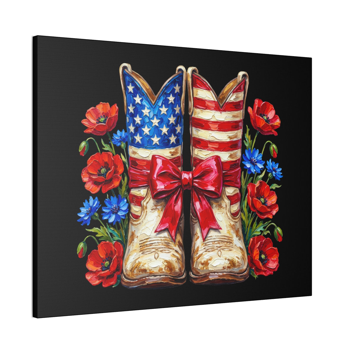 Patriotic Cowboy Boots Canvas Wall Art — American Flag Boots with Red Poppies