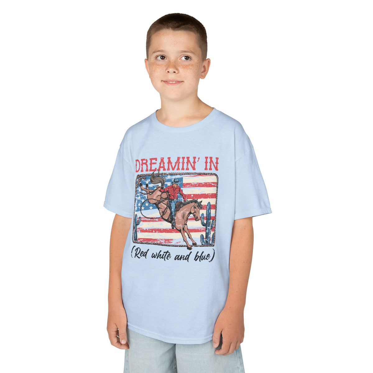 Kids Tee — "Dreamin' In (Red White and Blue)" Patriotic Rodeo Horse Shirt