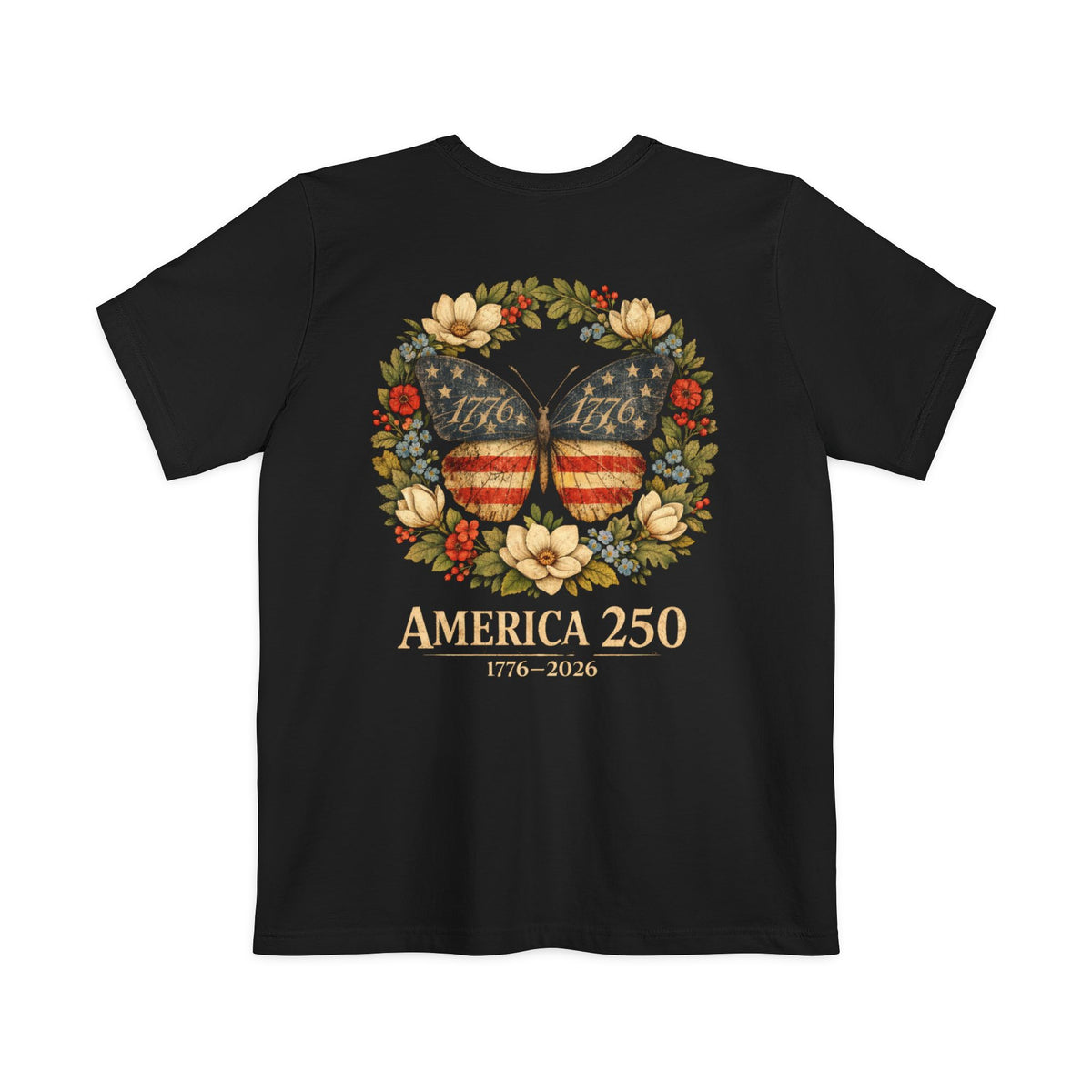 America 250 Butterfly Pocket T-Shirt — 1776–2026 Patriotic Floral Tee