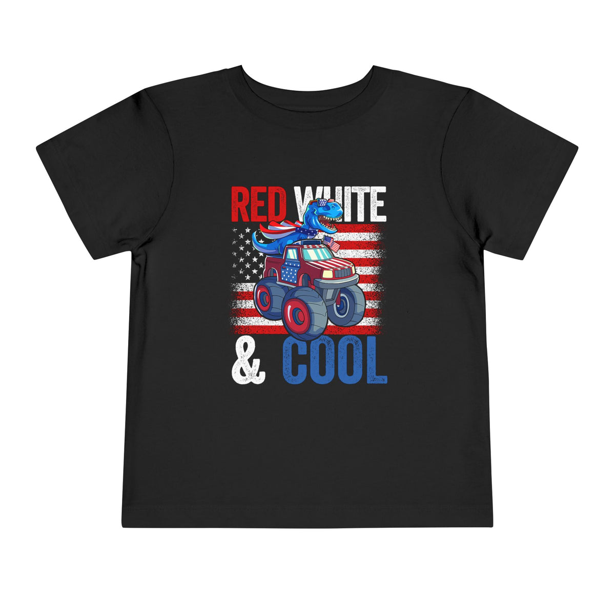 Toddler Tee — "Red White & Cool" Dinosaur on a Monster Truck Graphic T-Shirt
