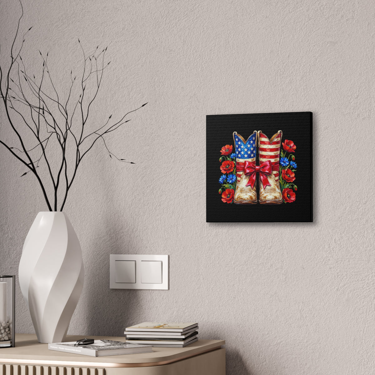 Patriotic Cowboy Boots Canvas Wall Art — American Flag Boots with Red Poppies