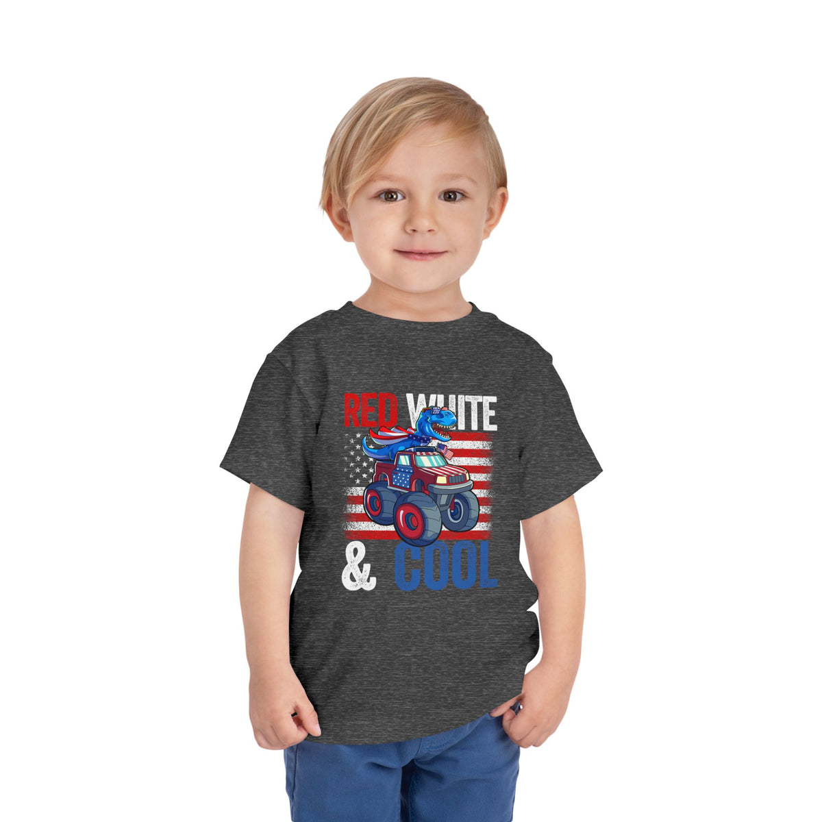 Toddler Tee — "Red White & Cool" Dinosaur on a Monster Truck Graphic T-Shirt