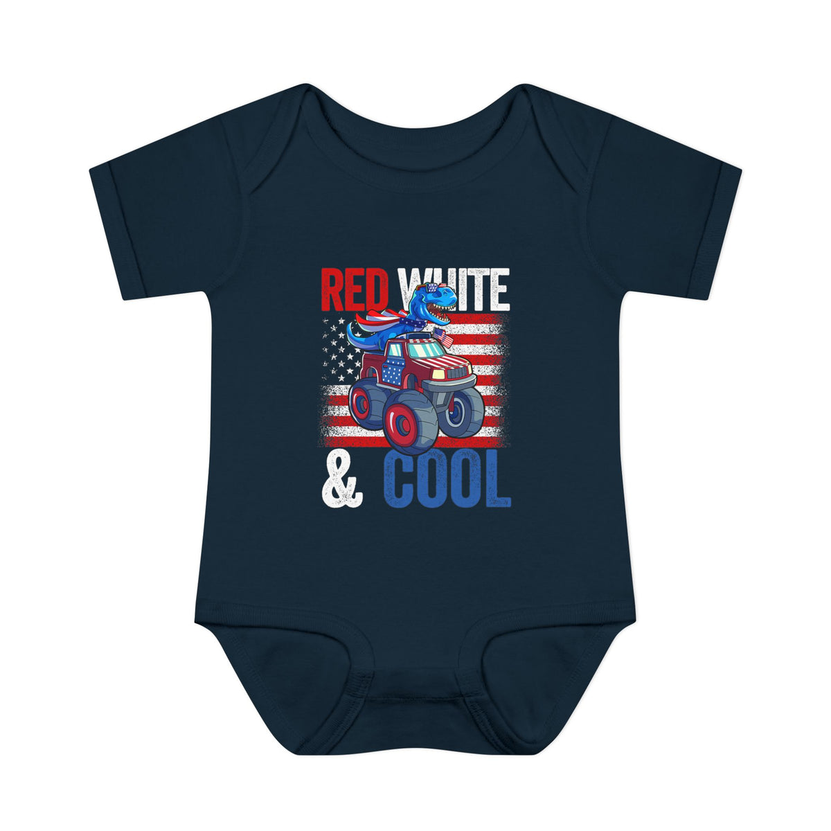 "Red White & Cool" Dinosaur on a Monster Truck Baby Onesie