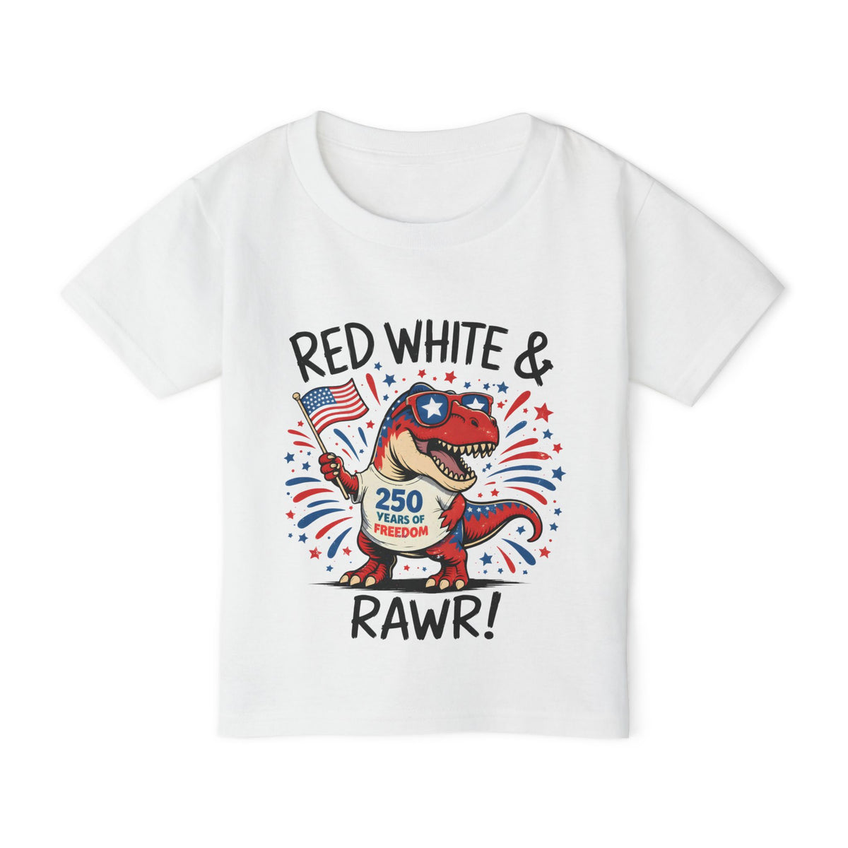 Toddler T-Shirt - "Red, White & RAWR!" Patriotic Dinosaur 4th of July Tee