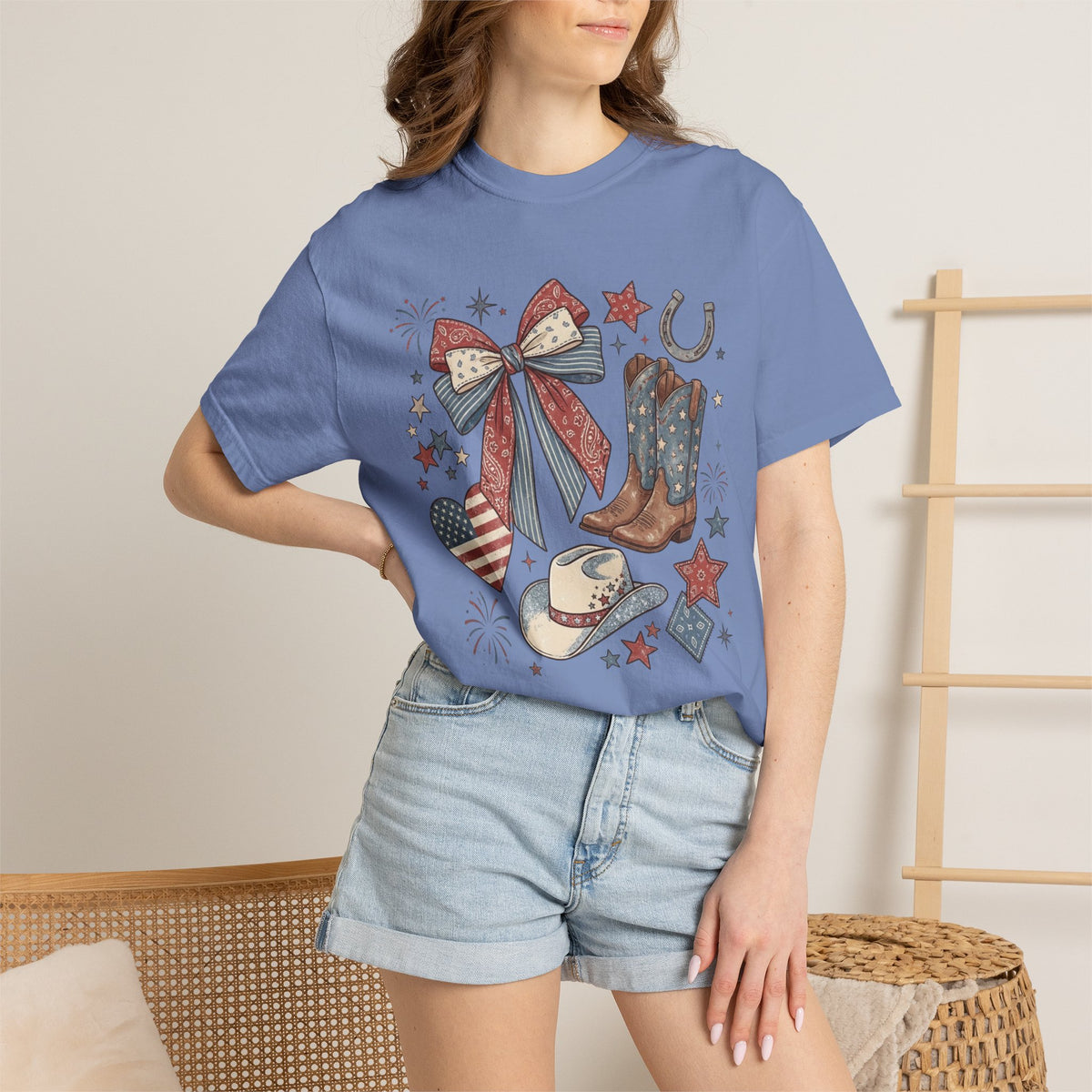 Cowboy Boots, Hat & Stars - Patriotic Western Graphic T-Shirt