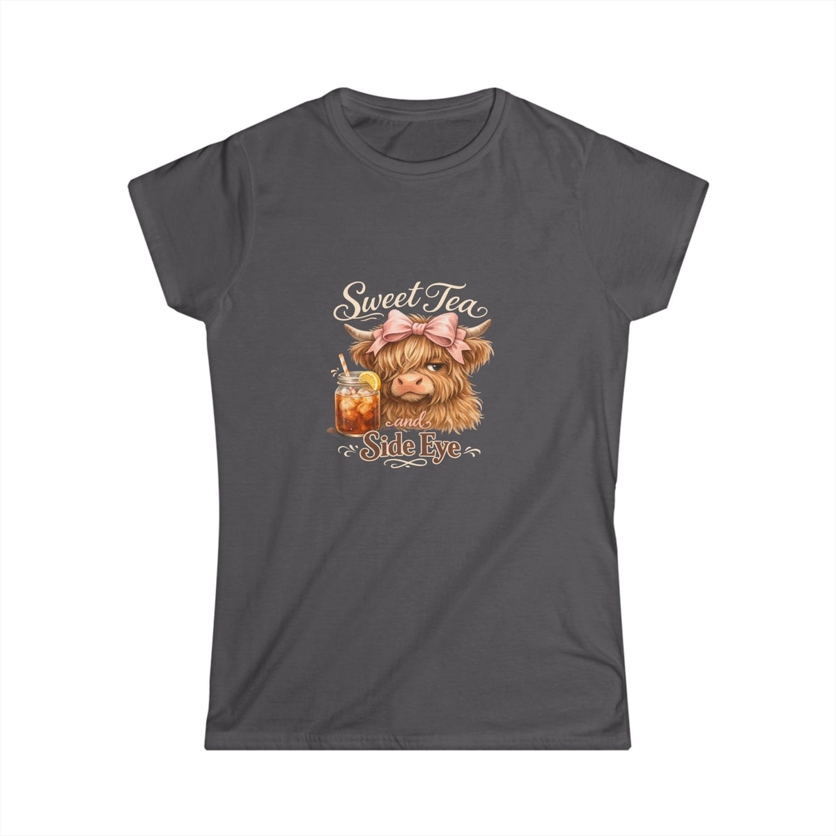 Side Eye Highland Cow Graphic Tee — Cute Scottish Cow with Mason Jar Iced Tea