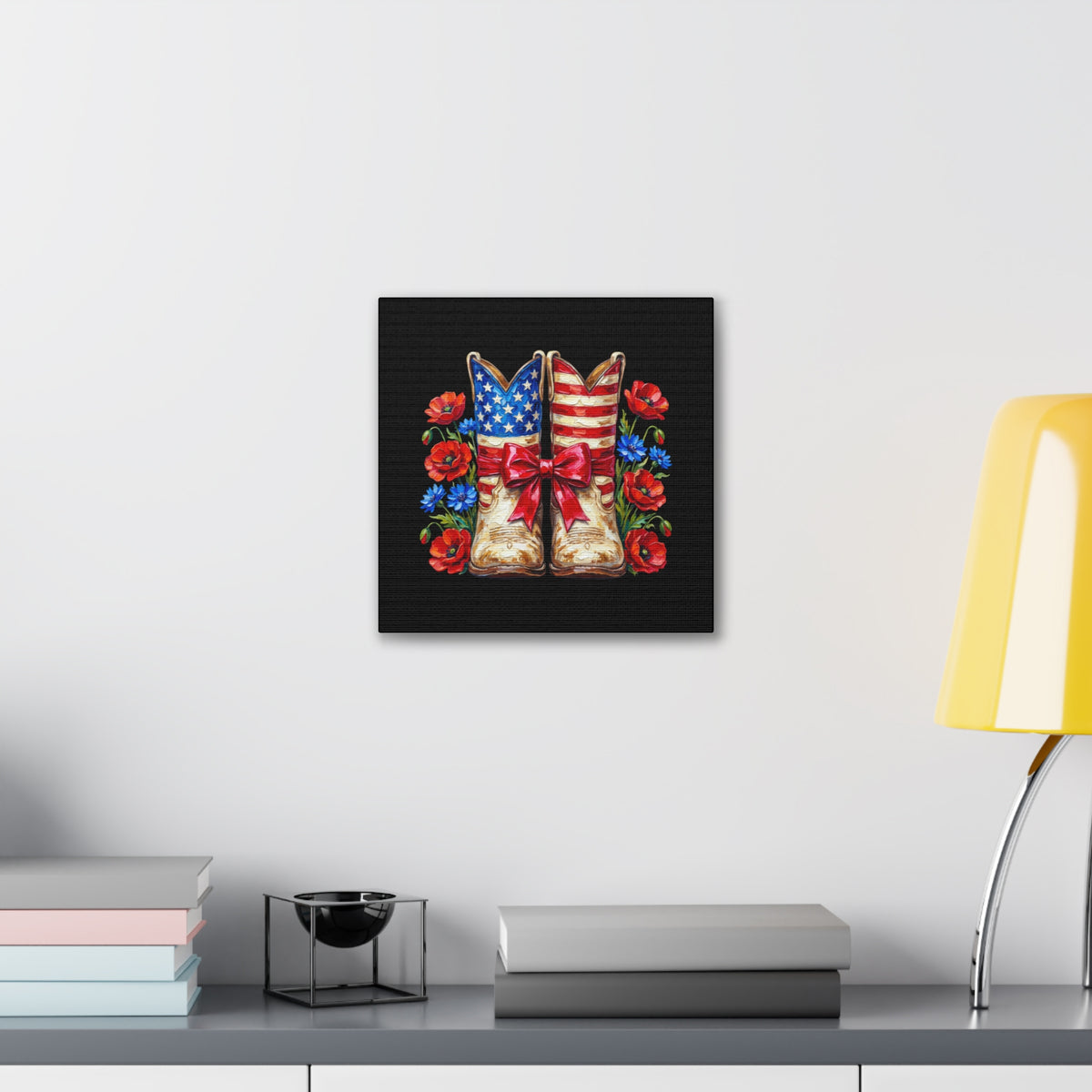 Patriotic Cowboy Boots Canvas Wall Art — American Flag Boots with Red Poppies