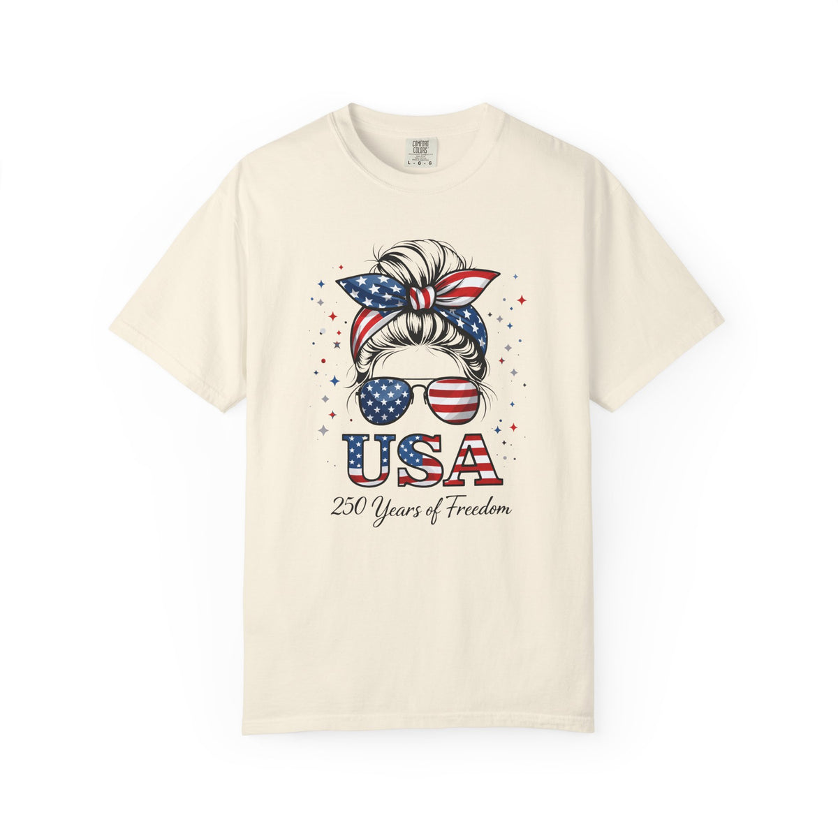 USA Patriotic T-Shirt — "250 Years of Freedom" Messy Bun Sunglasses Tee