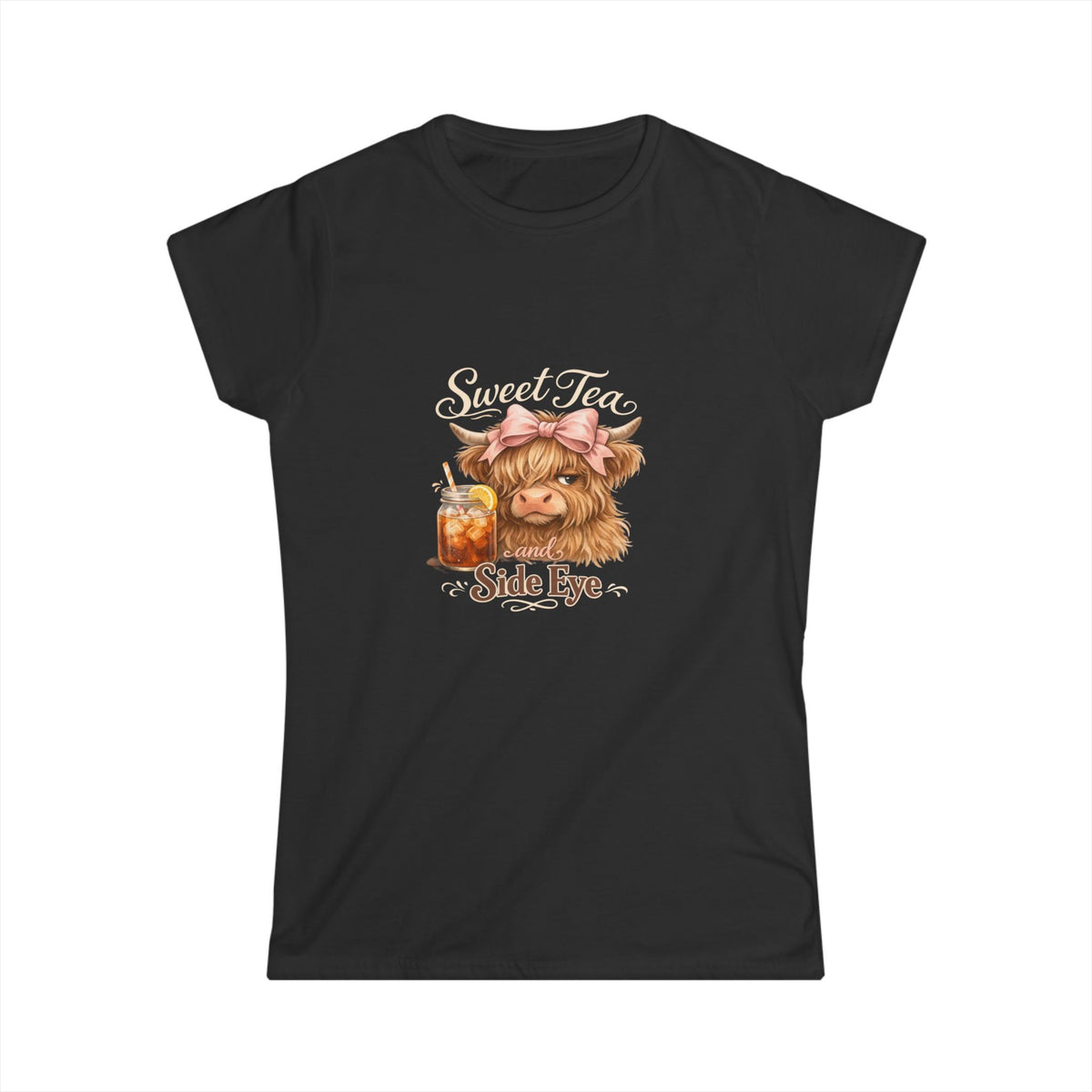 Side Eye Highland Cow Graphic Tee — Cute Scottish Cow with Mason Jar Iced Tea