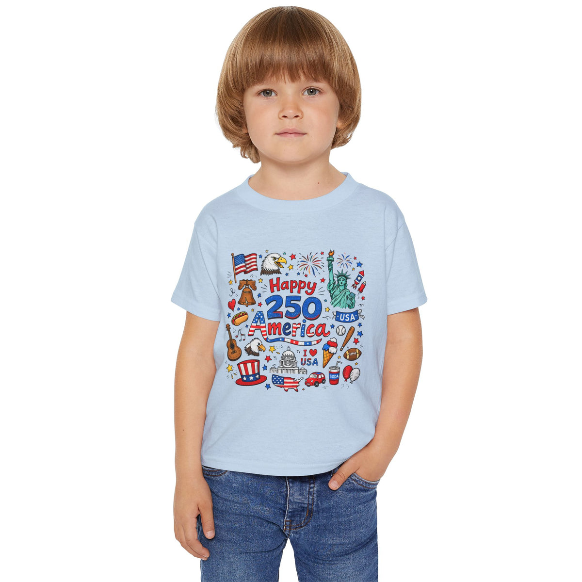 Happy 250 America Toddler Patriotic USA Icons 4th of July Tee