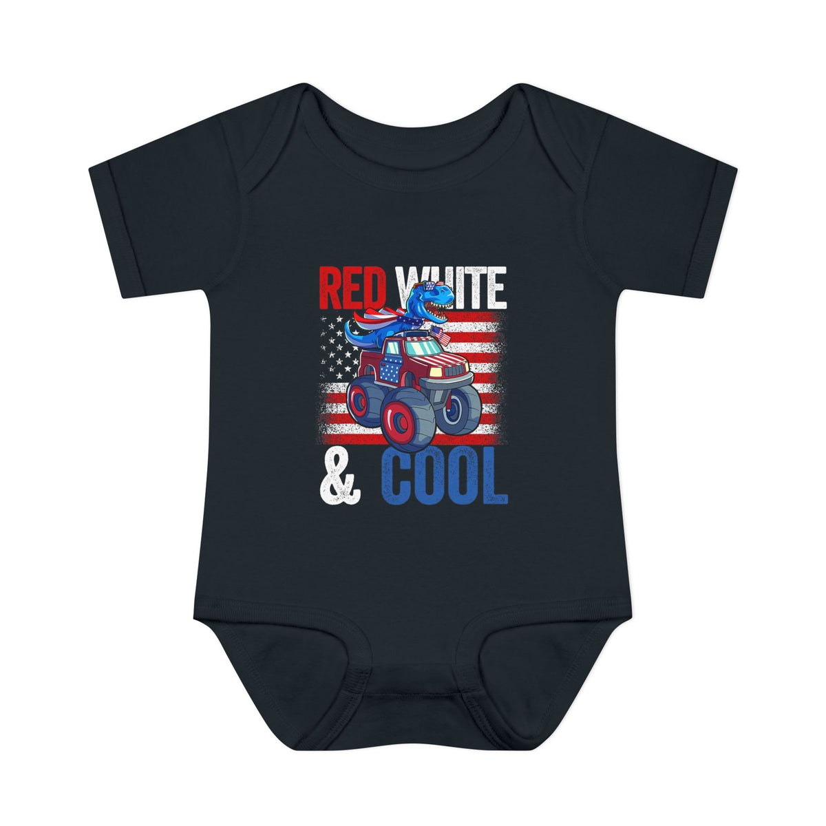 "Red White & Cool" Dinosaur on a Monster Truck Baby Onesie