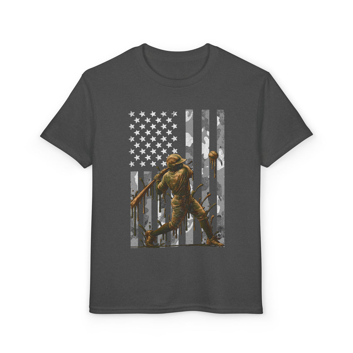 Camo Baseball Player American Flag  — Kids Graphic T-Shirt