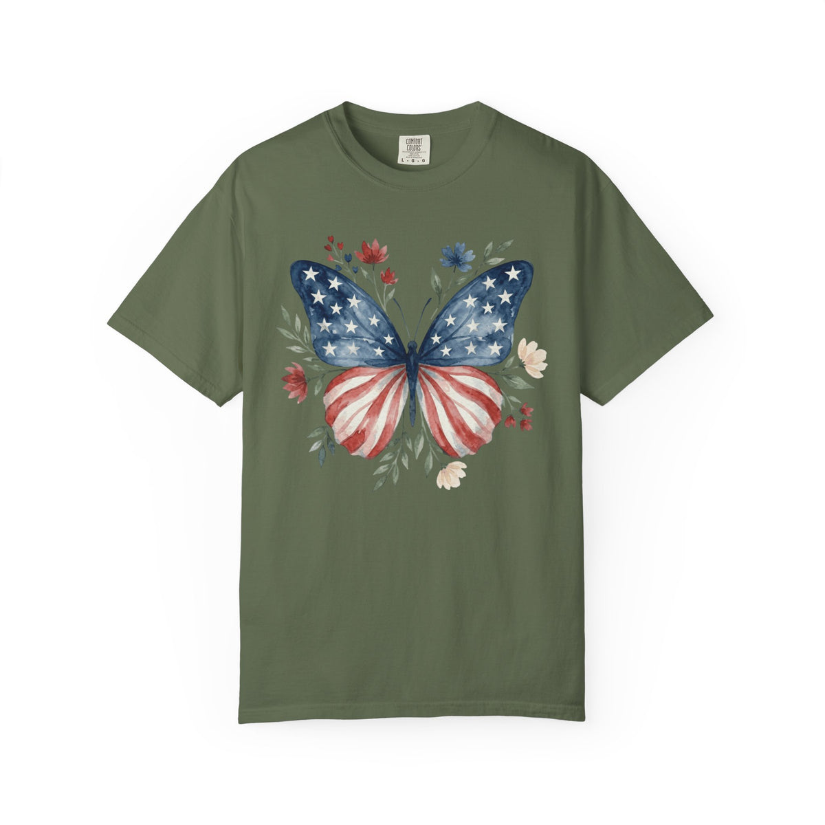 Patriotic Butterfly T‑Shirt — American Flag Floral Tee
