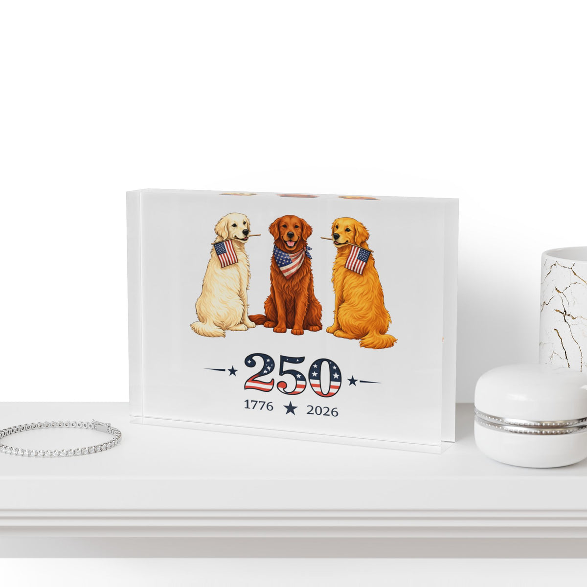 America 250 Golden Retrievers Photo Block — Patriotic Dogs Decor
