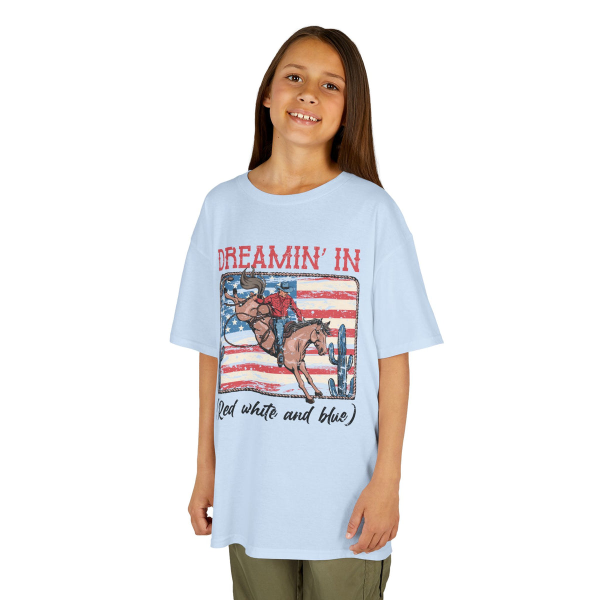Kids Tee — "Dreamin' In (Red White and Blue)" Patriotic Rodeo Horse Shirt