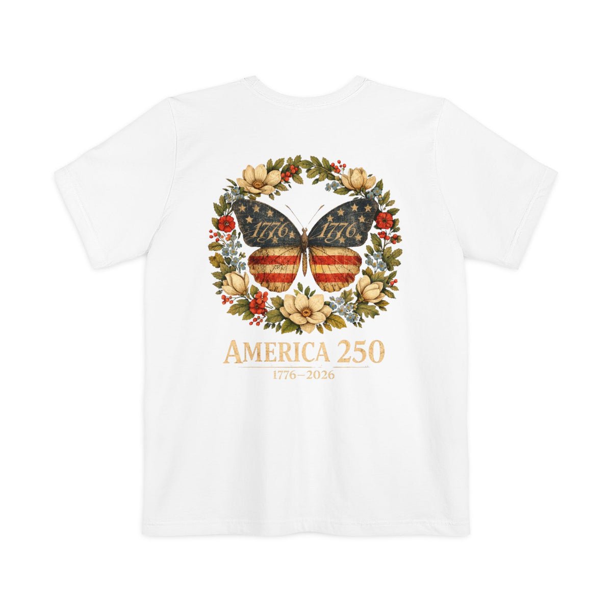 America 250 Butterfly Pocket T-Shirt — 1776–2026 Patriotic Floral Tee