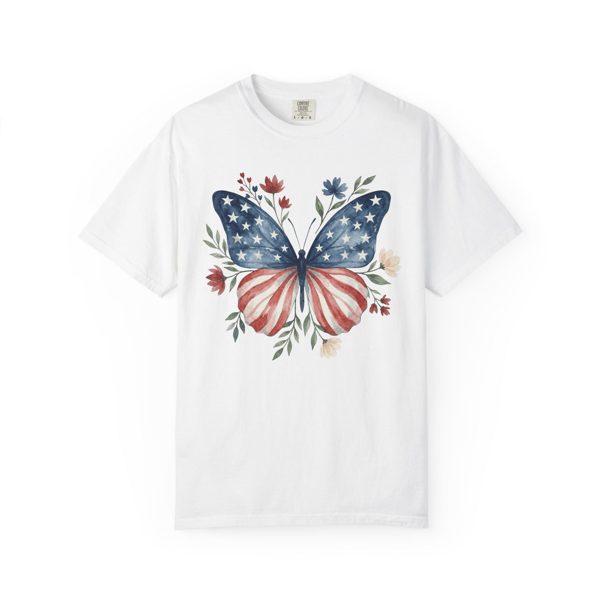 Patriotic Butterfly T‑Shirt — American Flag Floral Tee