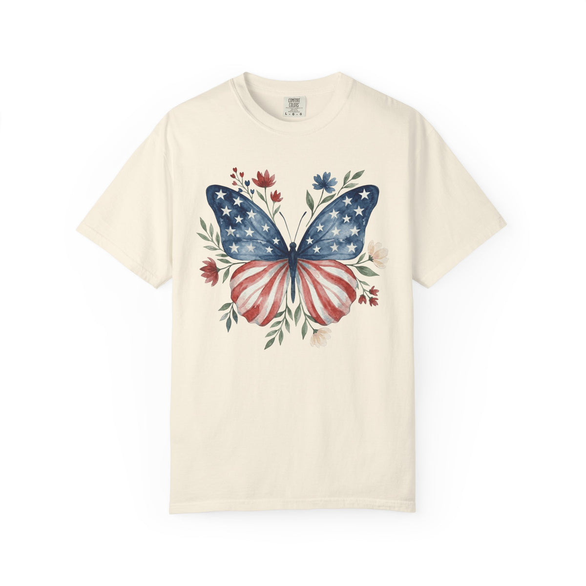 Patriotic Butterfly T‑Shirt — American Flag Floral Tee